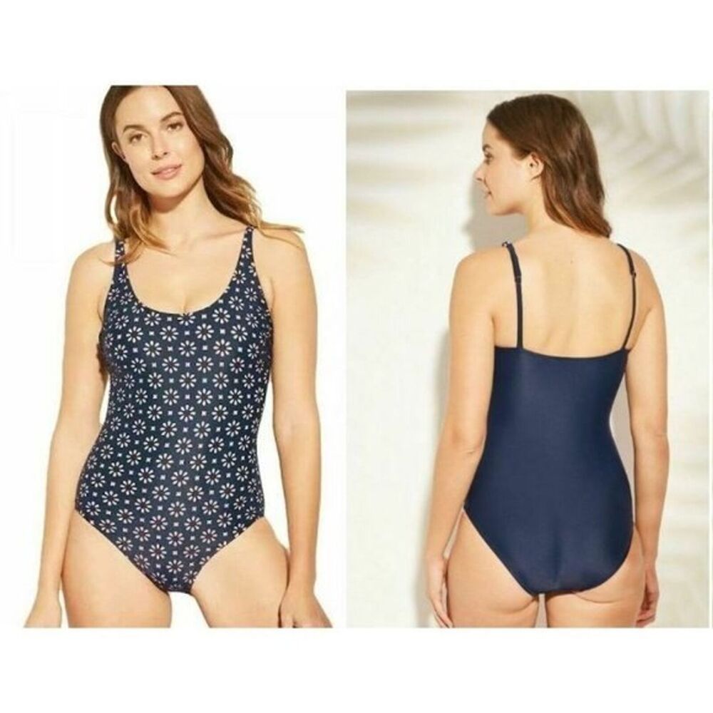 One Piece Swimsuit by Kona Sol Laser Cut Out Bathing Suit - Navy/Pink, M (8-10)